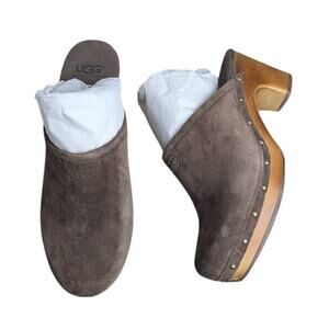UGG Australia Abbie Clogs Mules Dark Brown Suede Wooden Platform 9
